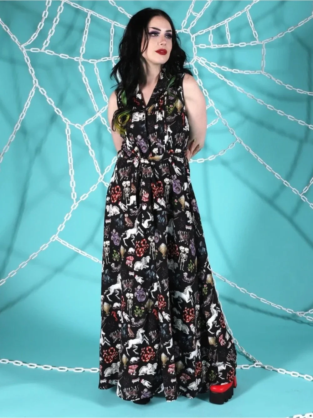 Pretty Snake Black Floral & Unicorn Maxi Dress with pockets.